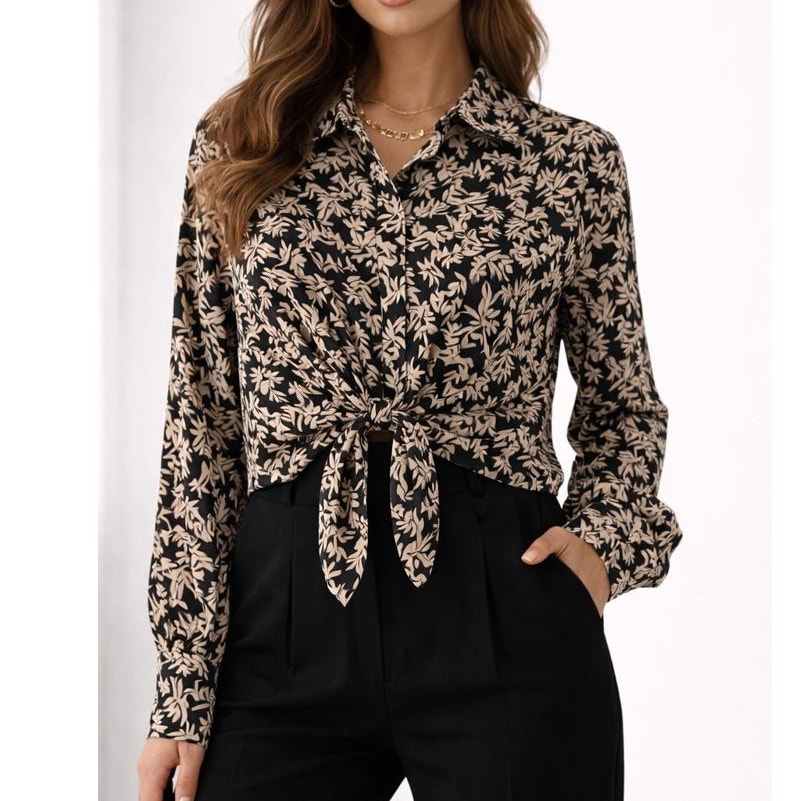 Ba&Sh Black And Beige Leaf-Print Tie-Front Blouse